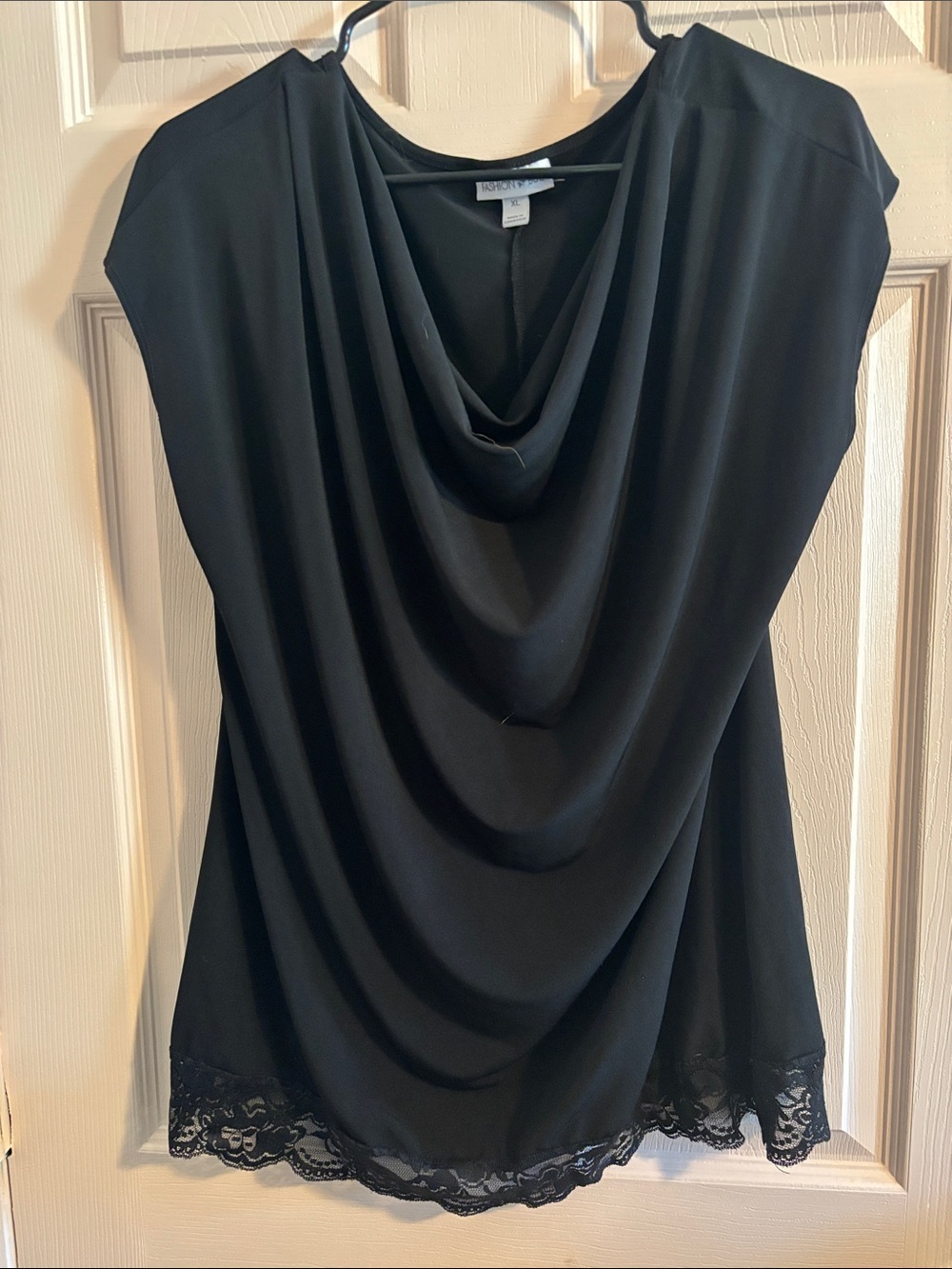 Fashion Bug Black Drape Neck Lace Hem Blouse